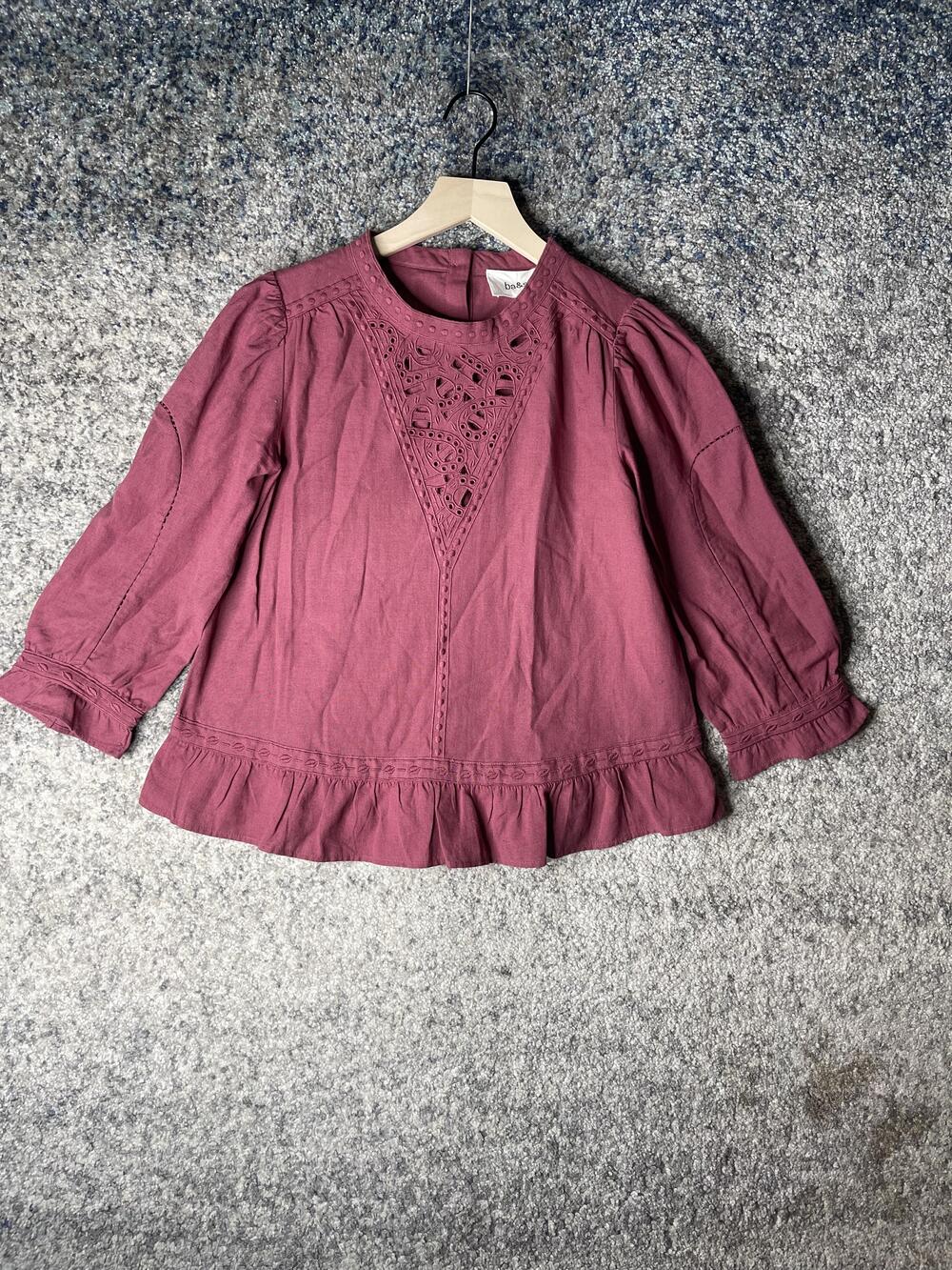 ba&sh Blouse Womens 0 XS Purple Crochet Lace Ruffle Hem 3/4 Sleeve Boho Peasant